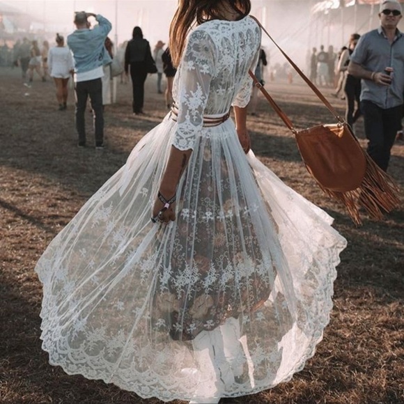 Vintage Lace Inspired Maxi Kimono Style Duster Robe Intricately Designed. White - Picture 3 of 14